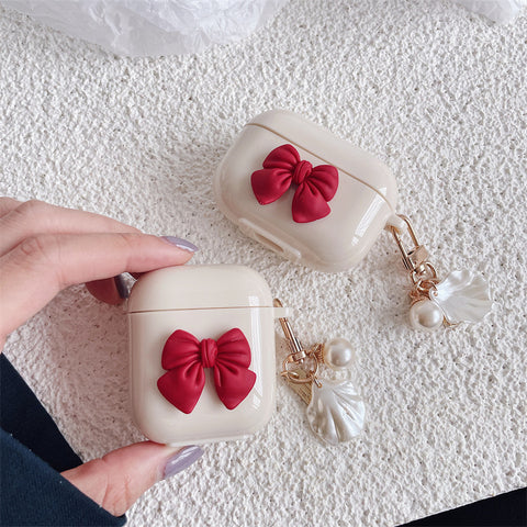 Beige Red Bow Shell Pendant Wireless Earphone Case  -earbuds