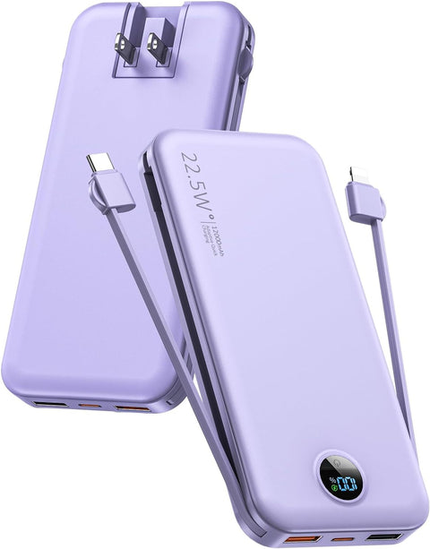 Portable Phone Charger, 12000mAh 22.5W Fast Charging Power Bank with Built-in Cables & Wall Plug, External Battery Bank with LED Display, Travel Essential Battery Pack for iPhone, iPad, Samsung