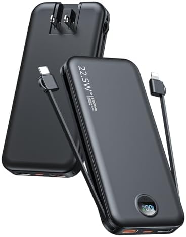 Portable Phone Charger, 12000mAh 22.5W Fast Charging Power Bank with Built-in Cables & Wall Plug, External Battery Bank with LED Display, Travel Essential Battery Pack for iPhone, iPad, Samsung