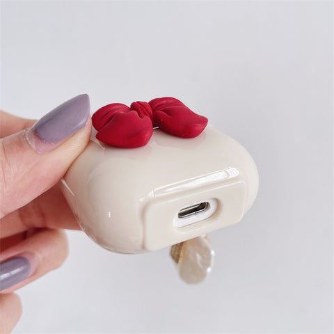 Beige Red Bow Shell Pendant Wireless Earphone Case  -earbuds