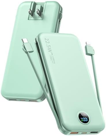 Portable Phone Charger, 12000mAh 22.5W Fast Charging Power Bank with Built-in Cables & Wall Plug, External Battery Bank with LED Display, Travel Essential Battery Pack for iPhone, iPad, Samsung