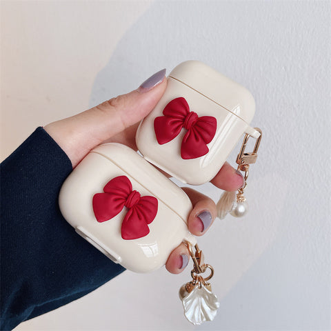 Beige Red Bow Shell Pendant Wireless Earphone Case  -earbuds