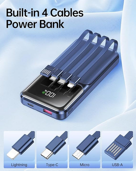 Portable Charger with Built in Cable - 20000mAh Fast Charging Slim 22.5W Power Bank USB C LED Display Battery Pack 5 Outputs & 3 Inputs for Travel Essentials iPhone Samsung Android Phones Tablets etc