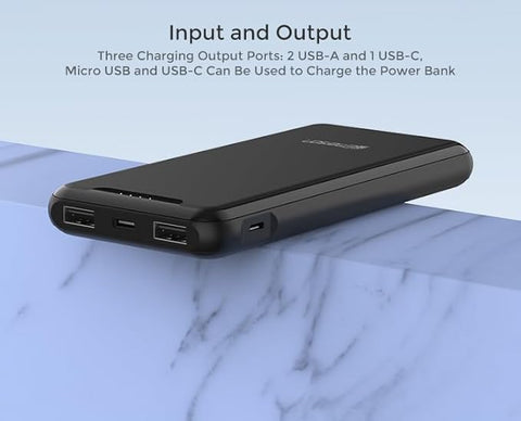 PB1001B Power Bank, Compact Travel Ready 10,000mAh Battery Pack with One USB-C and Two USB-A Outputs, Black