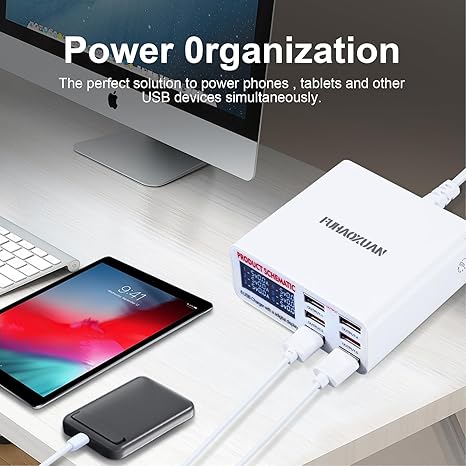 USB Charging Station for Multiple Devices, 40w 6-Ports USB Charger Station, 5USB+1QC3.0 Ports Fast Charging Station Block, Compatible with Phone Watch Pad for Home Office Travel