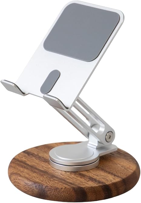 Cell Phone Stand for Desk, Foldable 360 Rotating Cell iPhone Holder with Acacia Base, Adjustable Travel Cell Phone Mobile Stand for All Smartphones, iPhones, IPads