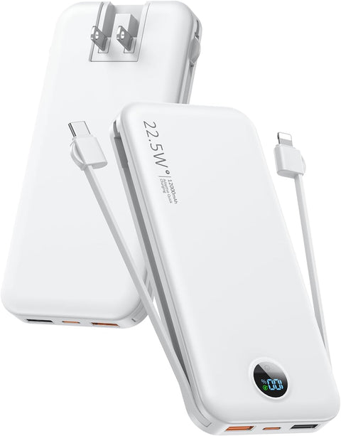 Portable Phone Charger, 12000mAh 22.5W Fast Charging Power Bank with Built-in Cables & Wall Plug, External Battery Bank with LED Display, Travel Essential Battery Pack for iPhone, iPad, Samsung