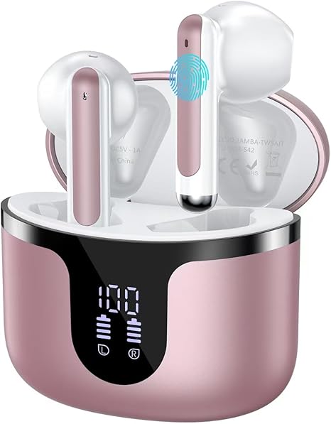 Wireless Earbuds Bluetooth Headphones 5.3 Stereo 50 Hour Playback Ear Buds with LED Display and with 4 ENC Noise Cancelling Mic Wireless Earphones, for Phone, Tablet, Laptop, Sports, Rose Gold
