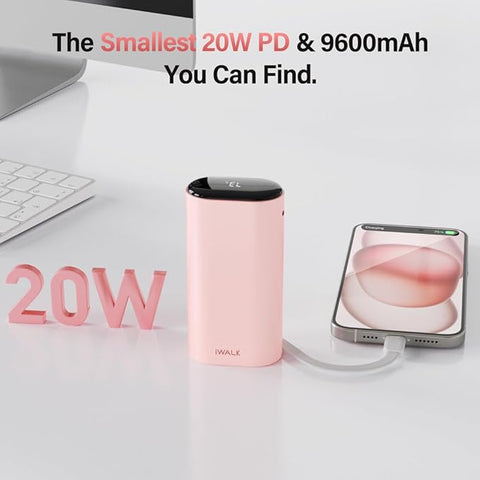 Portable Charger Fast Charging - 9600mAh 20W PD Power Bank with Built-in USB-C Cable, External Battery Pack for iPhone 15/15 Plus/15 Pro/15 Pro Max, Samsung, Android, iPad Pro/Air, AirPods