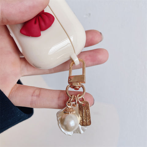 Beige Red Bow Shell Pendant Wireless Earphone Case  -earbuds