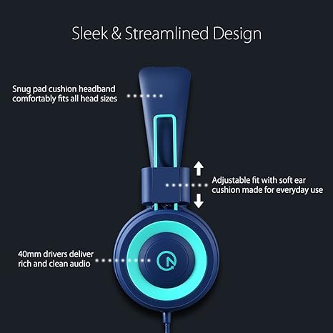 Kids Headphones - noot products K11 Foldable Stereo Tangle-Free 3.5mm Jack Wired Cord On-Ear Headset for Children/Teens/Boys/Girls/Smartphones/School/Kindle/Airplane Travel/Plane/Tablet (Navy/Teal)