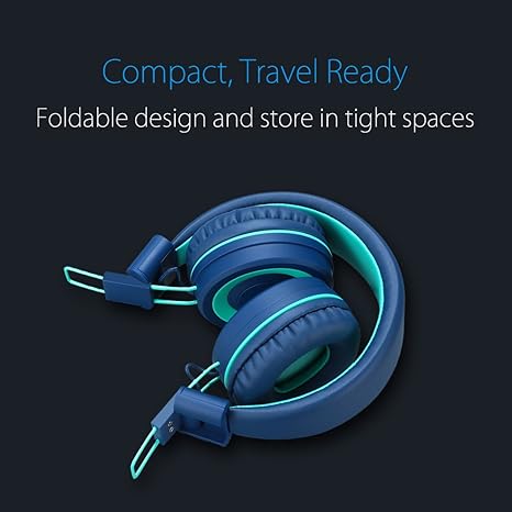 Kids Headphones - noot products K11 Foldable Stereo Tangle-Free 3.5mm Jack Wired Cord On-Ear Headset for Children/Teens/Boys/Girls/Smartphones/School/Kindle/Airplane Travel/Plane/Tablet (Navy/Teal)