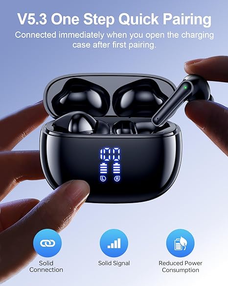 Wireless Earbuds, Bluetooth Ear Buds Headphones, 40H Long Playtime, Stereo Deep Bass, LED Power Display, IPX7, Lightweight in Ear Earphone with Mic for iPhone Android Phone