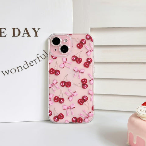 Compatible with iPhone 15 Plus Case Cute Clear Cherry Bowknot Design for Women Girls Bow Ribbon Soft Fit Slim Stylish Anti Yellowing Protective Phone Cover - Pink