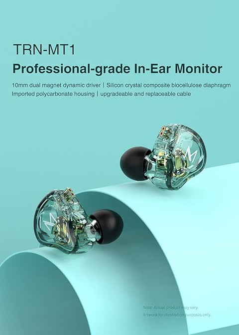 TRN MT1 1DD HiFi Handsfree, TRN MT1 in-Ear Handsfree with New 10mm Composite Magnetic Dynamic Driver Over Ear Headset with Detachable 2 Pin 0.75MM Cable(No mic,Clear Green)