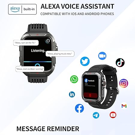 Smart Watch for Men, Answer/Make Bluetooth Calls, Metal Frame 1.8" Alexa Built-in Fitness Tracker with IP68/100 Sports Modes/Heart Rate/SpO2/Stress/Sleep Monitor for iOS/Android (Black)