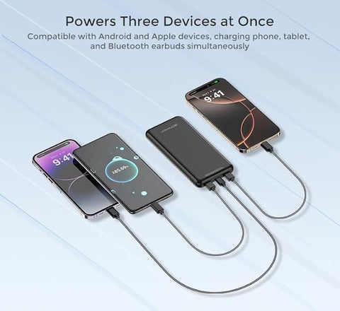 PB1001B Power Bank, Compact Travel Ready 10,000mAh Battery Pack with One USB-C and Two USB-A Outputs, Black