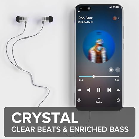 Metal Wired Handsfree, Noise-Isolating Handsfree with 3.5mm Aux Jack, Sweat-Resistant and Comfortable Ear Gels, Tangle-Free Fabric Cable, Silver