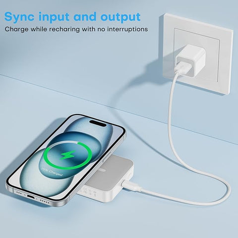 Portable Charger Power Bank - 10000mAh Magnetic Fast Charging Battery Pack for iPhone (Above 11 Series), LED Display Indicators and Foldable Stand- Gray White