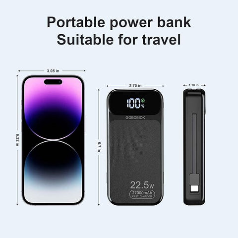 Power Bank 27000mAh Fast Charging Built-in 2 Cables, 22.5W Portable Charger, Portable USB C Power Bank Battery Pack with LCD Display Powerbank for Smartphones Tablets and More