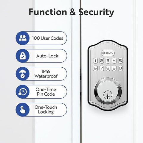 Smart Digital Electronic Deadbolt Door Lock, Keyless Entry, Auto Lock, 100 Custom Codes, Easy Installation, Keypad for Front & Back Door, Residential & Commercial, AT1 (Satin Nickel)