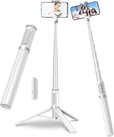 Magnetic Selfie Stick Tripod with Aluminum Strong Magnetic Holder for Magsafe, 360° Rotatable Travel Phone Tripod Stand with Metal Ring & Rechargeable Remote for iPhone/Android(Beige Gray)