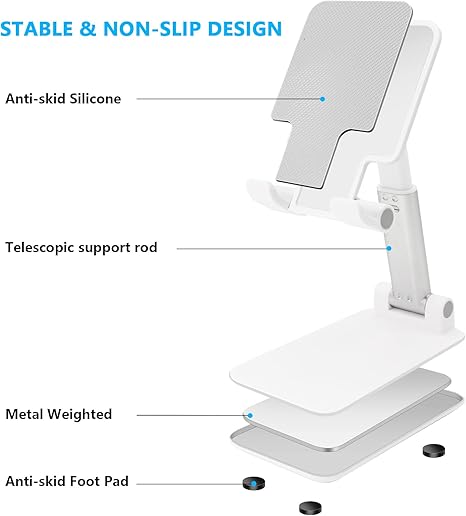 Cell Phone Stand, Folding Desktop Phone Stand, Angle Height Adjustable Mobile Phone Holder for Desk, Office, Tablet Stand Compatible with All Phones 4-10 Inches Cell Phone/Tablet (White)