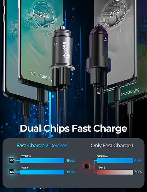 Super Fast Car Charger USB Fast Charge for iPhone 16e 16 15 14 13 12 11pro x 8 Samsung S25 S24 S23 S22 AINOPE Android Car Charger Adapter 45W All Metal Lighter USB 17X Quick Charge
