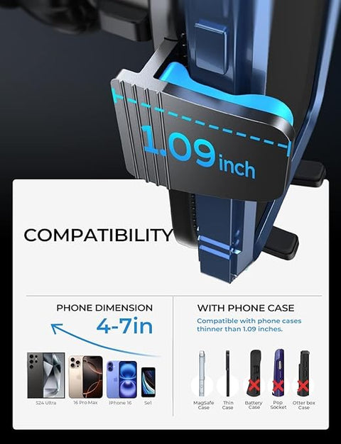 2025 Car Phone Mount, Phone Holders for Your Car [Thick Cases Friendly] Car Phone Holder Air Vent Wider Clamp & Metal Hook Cell Phone Car Mount for iPhone Pro Max Samsung Smartphones