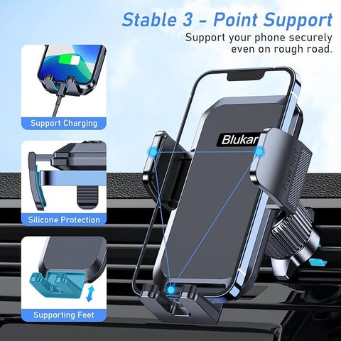 Car Phone Holder Mount, Super Stable Air Vent Cell Phone Car Mount with 2025 Metal Hook Clip, 360° Rotation,One Button Release for iPhone, Galaxy, Google, and All Other Smartphones