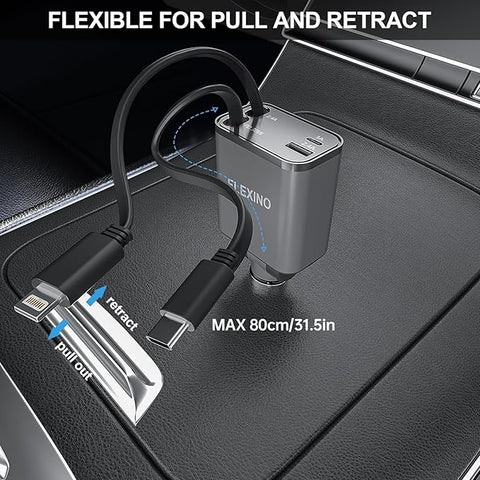 Retractable Car Charger for iPhone 16, 69W Fast Charging Car Charger USB C, Car Chargers with 2 Retractable Cords 2.6ft, Car Adapter for iPhone 16/15/14/13/12 Series, Galaxy, Grey