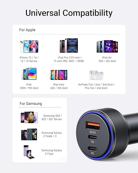 AKNSN 90W USB-C & USB-A Car Charger, 3-Port Fast Charging, PD3.0 & QC3.0, Compatible with iPhone 16/15/14/13 Pro Max, iPad, MacBook, Samsung, Google Pixel, More