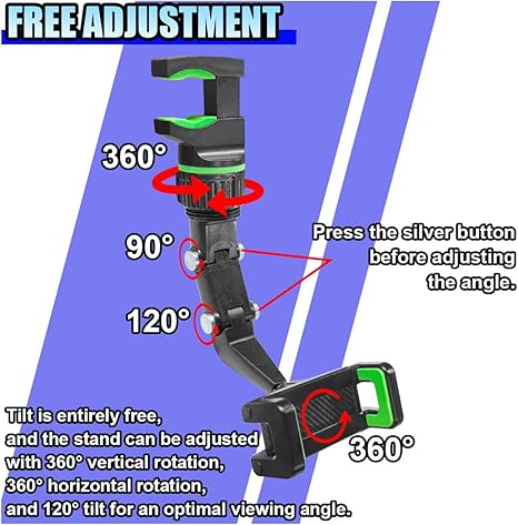 Rearview Mirror Phone Mount Holder for Car, 360° Rotating Adjustable Car Phone & GPS Holder, Universal Retractable Multifunctional Automobile Cradles for All Mobile Phones (Green) -Phone Holder