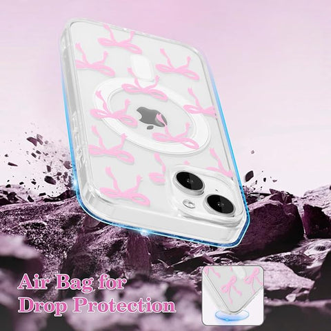 Magnetic for iPhone 14 & iPhone 13 Case, Bow Case Compatible with MagSafe, Wireless Slim Clear Ribbon Phone Cover Anti-Yellowing Shockproof Protective Cover for Women Girl - Pink