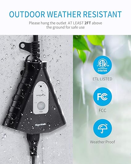 Outdoor WiFi Outlet, Outdoor Plug with 3 Ground Outlets, Compatible with Amazon Alexa, Google Assistant, Remote Control Outdoor Light Timer Outlet Waterproof, FCC Certified