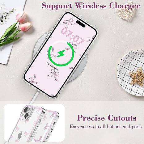 Case for iPhone 15, Clear Cute Ribbon Bowknot Pattern Aesthetic Transparent Phone Case Raised Camera Protection Stylish Slim Soft Durable TPU Protective Cover for Women Girls - Pink