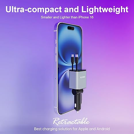 Retractable Car Charger for iPhone 16, 69W Fast Charging Car Charger USB C, Car Chargers with 2 Retractable Cords 2.6ft, Car Adapter for iPhone 16/15/14/13/12 Series, Galaxy (Grey)