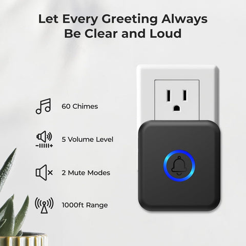 Wireless Doorbell, Waterproof Door Bell with 60 Chimes, 5 Volume Levels & 2 Mute Modes, Loud Doorbells Wireless for Home Classroom Office (1 Receiver & 1 Button, Black, American Plug)
