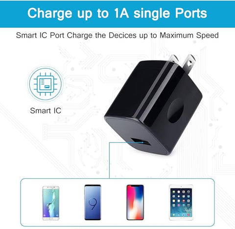 Wall Charger Cube,1A/5V Single Port USB Plug 3 Pack Travel Black Charging Block Box Adapter Compatible Phone,Samsung Galaxy S24 S23 A21 A51 A71 S20 S10 S9 S8,A10e,Note20/10,Moto G7 G6,LG Stylo 6/5/4
