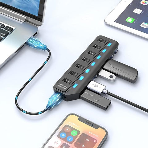 USB Hub 3.0, 7 Port USB Hub Splitter with Individual On/Off LED Switches, 5Gbps HighSpeed Data USB Extension for Laptop, iMac, USB Flash Drives, Mobile HDD, Printer, Camera and More