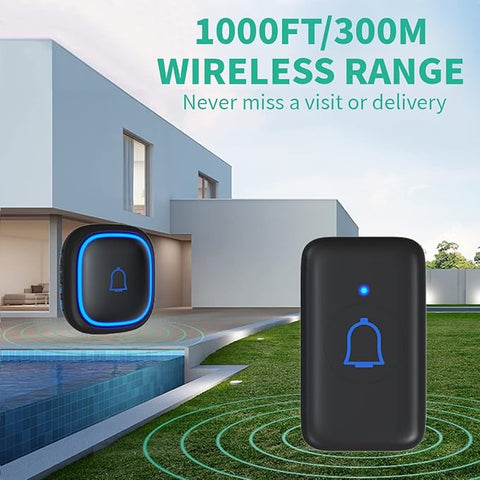 IP66 Doorbell Wireless Classroom Doorbell Waterproof & Dustproof Loud 115dB with 56 Chimes Door Bell Ringer 1000ft Range Battery Doorbells 7 Levels Volume Mute Mode for Bedroom Home Kids Room Office