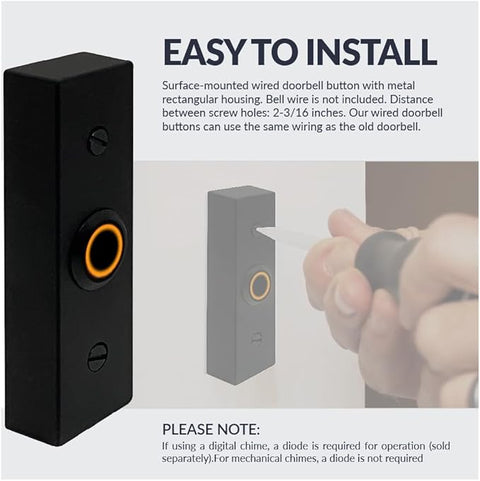 Hardware Rectangular Lighted Wired Metal Doorbell Button in Black BT6BL, for Doorbell Chime, Buzzer, or Ringer, Door Bell Button Only, Buzzer Button with LED Button Light