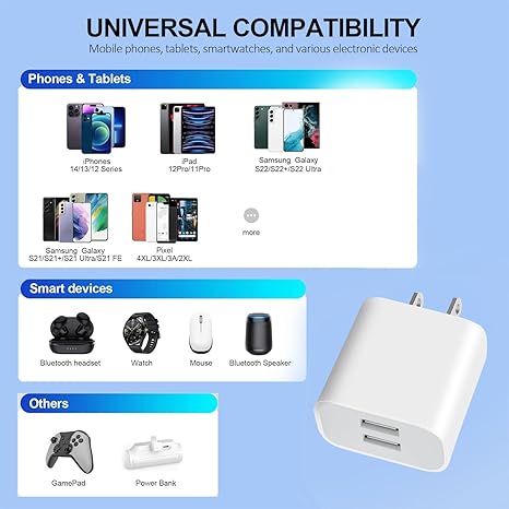 3 Pack USB Wall Charger, Dual Port Plug Adapter for Wall Outlet Charging Block, USB Power Adapter for iPhone 14/13/12/11 Pro/Pro Max, XS/XR/X, Galaxy, Pixel, Moto and Android Phones (White)