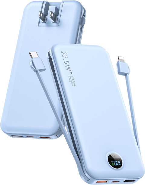 Portable Phone Charger, 12000mAh 22.5W Fast Charging Power Bank with Built-in Cables & Wall Plug, External Battery Bank with LED Display, Travel Essential Battery Pack for iPhone, iPad, Samsung