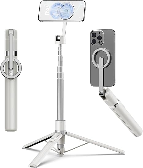 Magnetic Selfie Stick Tripod with Aluminum Strong Magnetic Holder for Magsafe, 360° Rotatable Travel Phone Tripod Stand with Metal Ring & Rechargeable Remote for iPhone/Android(Beige Gray)