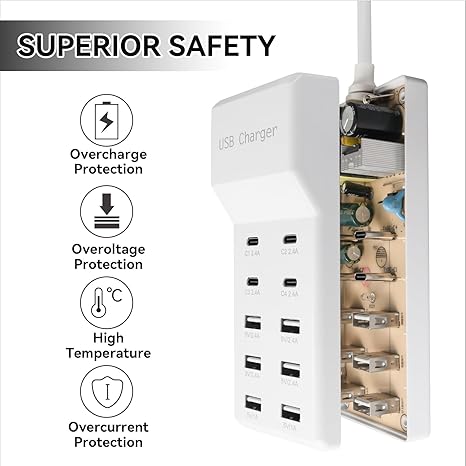 USB Charging Station, 10 Ports Family-Sized USB C Charger Block,USB Power Strip for Smart Phone Tablet Laptop Computer (1 Pcs)