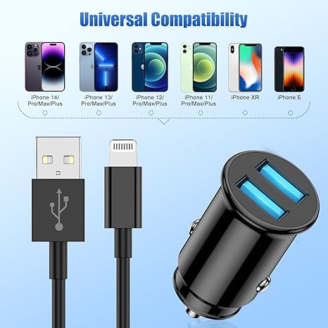 iPhone Car Charger Apple Certified, USB A Fast Car Charging Cable for iPhone 14 Pro Max/14/13 Pro/13/12 Mini/11 Pro/XS/X/8 Plus/7/6/5S/SE, Dual Port USB Adapter Cigarette Lighter and Lightning Cord