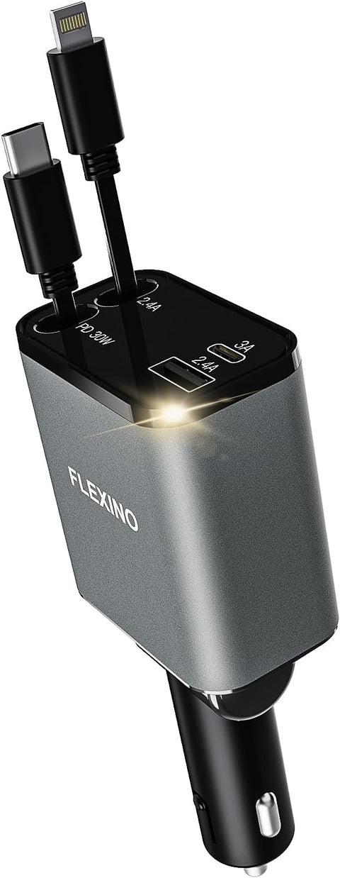 Retractable Car Charger for iPhone 16, 69W Fast Charging Car Charger USB C, Car Chargers with 2 Retractable Cords 2.6ft, Car Adapter for iPhone 16/15/14/13/12 Series, Galaxy, Grey