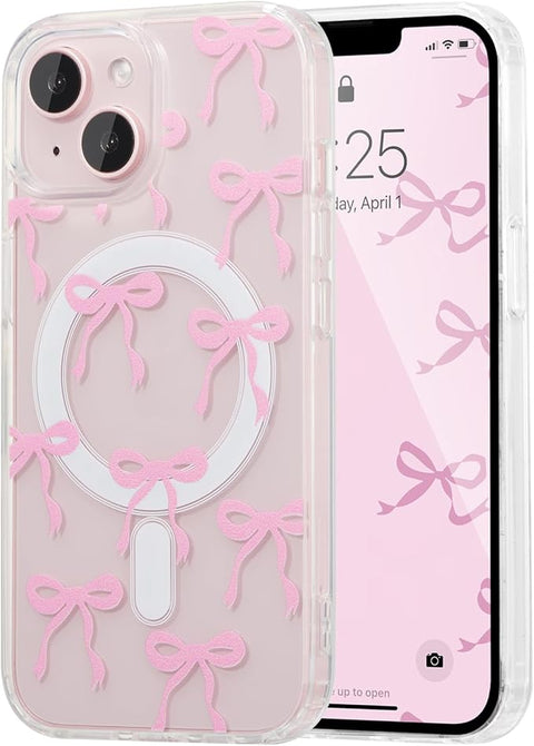 Magnetic for iPhone 14 & iPhone 13 Case, Bow Case Compatible with MagSafe, Wireless Slim Clear Ribbon Phone Cover Anti-Yellowing Shockproof Protective Cover for Women Girl - Pink