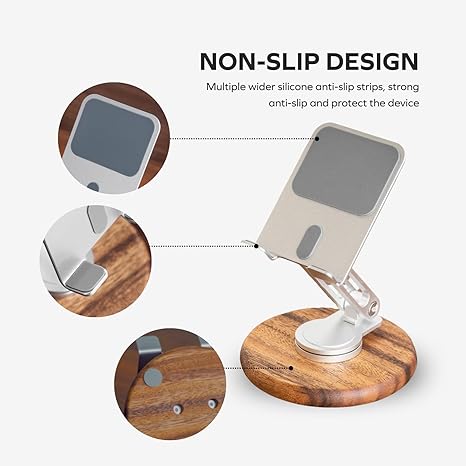 Cell Phone Stand for Desk, Foldable 360 Rotating Cell iPhone Holder with Acacia Base, Adjustable Travel Cell Phone Mobile Stand for All Smartphones, iPhones, IPads